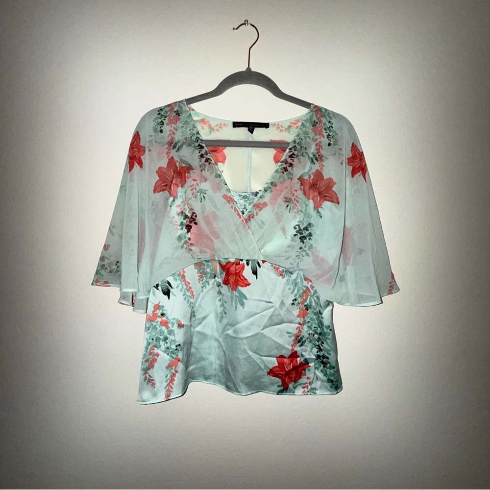 White House Black Market‎ Green Asymmetrical Flutter Sleeve Blouse